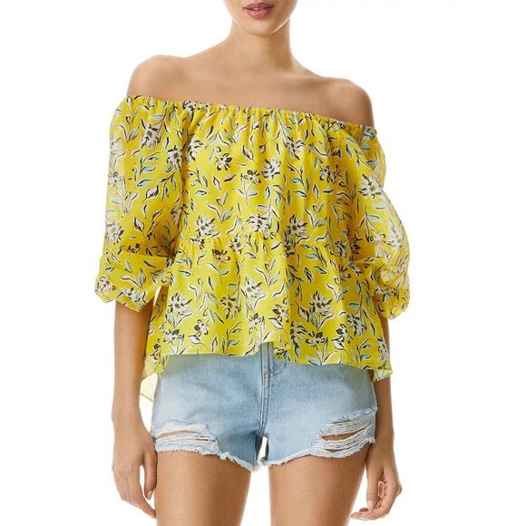 Alice + Olivia Alta Tiered Off The Shoulder Top Floral Print Yellow Size Medium - Picture 2 of 11